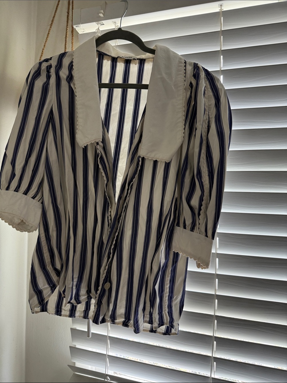 Striped Navy and White Button-Up Blouse